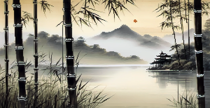 A peaceful Sumi-e landscape with mist over a lake, surrounded by green mountains and bamboo in the foreground.