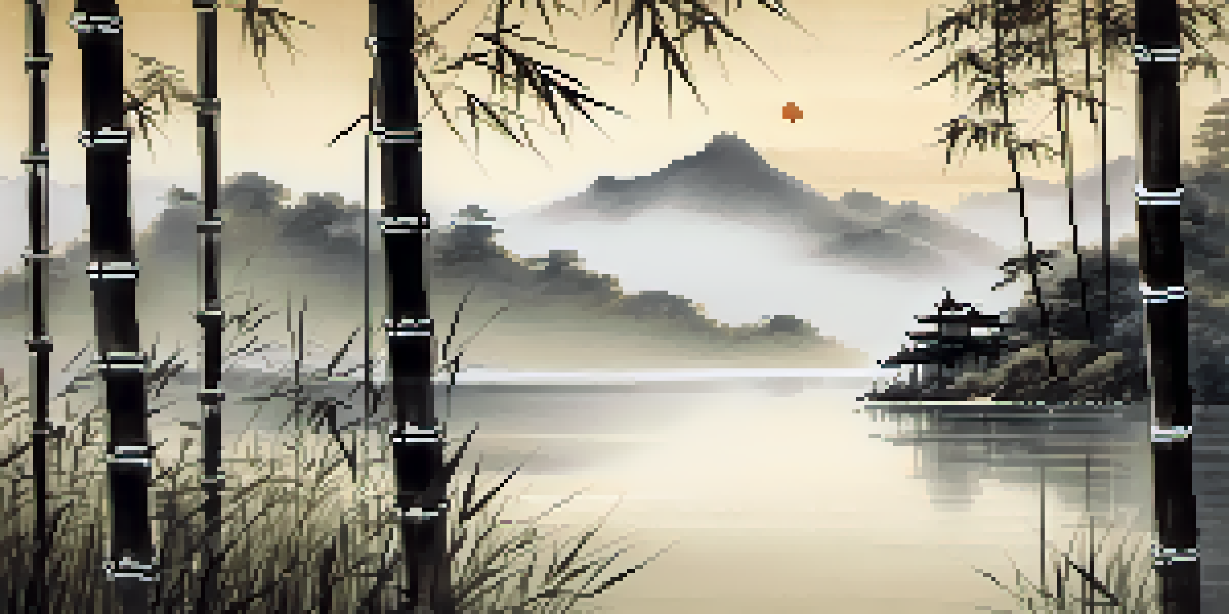 A peaceful Sumi-e landscape with mist over a lake, surrounded by green mountains and bamboo in the foreground.