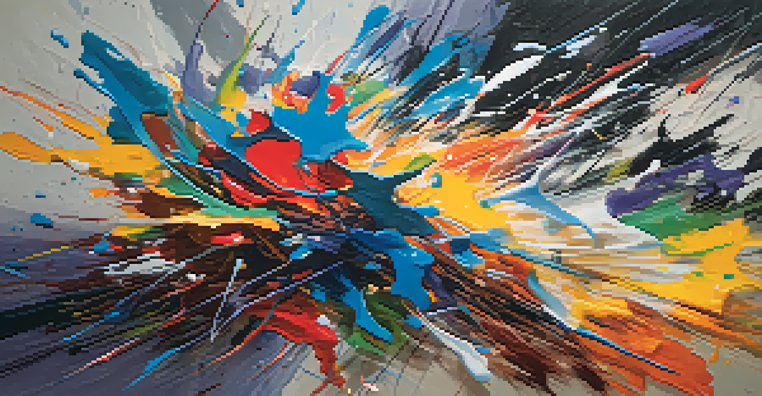 An abstract painting with chaotic brushstrokes and vibrant colors, dramatically lit from below, inviting personal interpretation and emotional exploration.