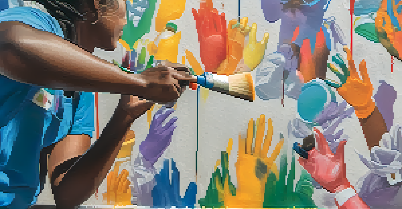 Close-up of hands of diverse artists painting a mural, with vibrant colors and brushes in the foreground.