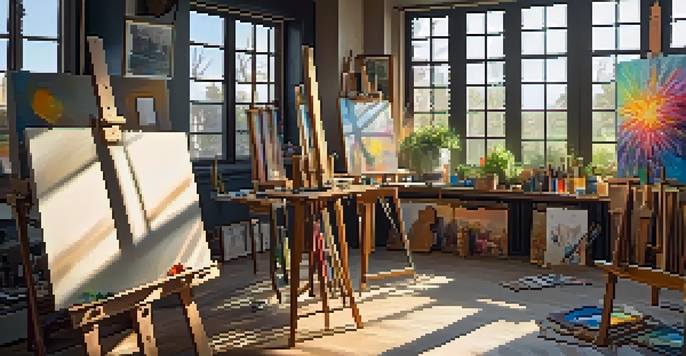 An art studio with sunlight, displaying various artworks on easels and walls, and a table cluttered with art supplies.