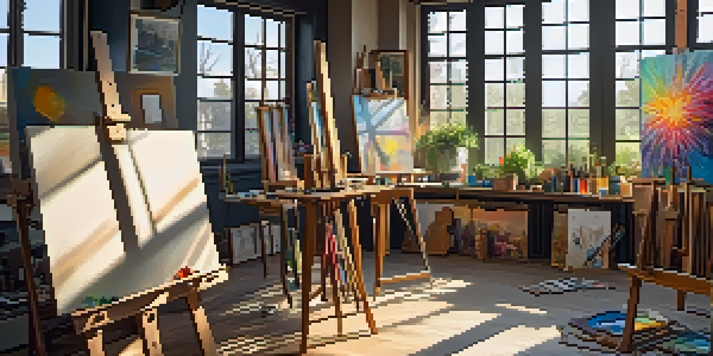 An art studio with sunlight, displaying various artworks on easels and walls, and a table cluttered with art supplies.