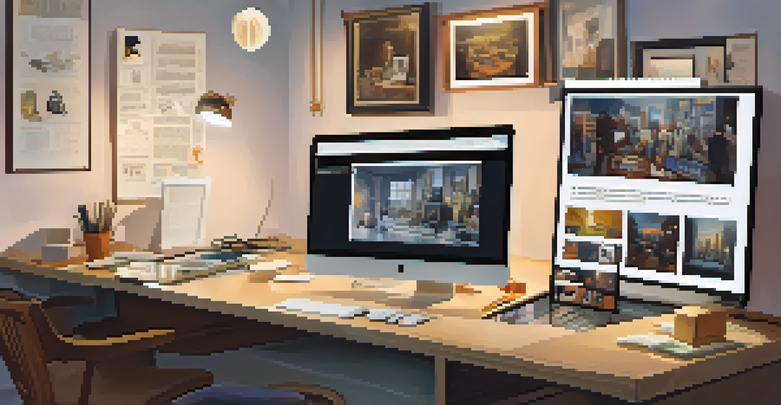 A cozy workspace with a computer showing an online art auction, featuring artworks and a person’s hand clicking the bid button.