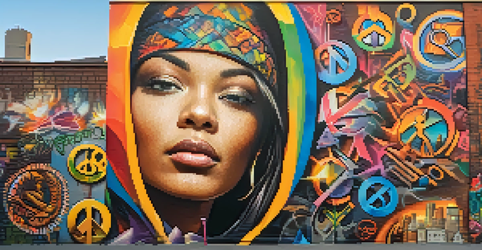 A colorful street mural of a powerful woman holding a paintbrush, surrounded by symbols of social justice, set against an urban landscape.