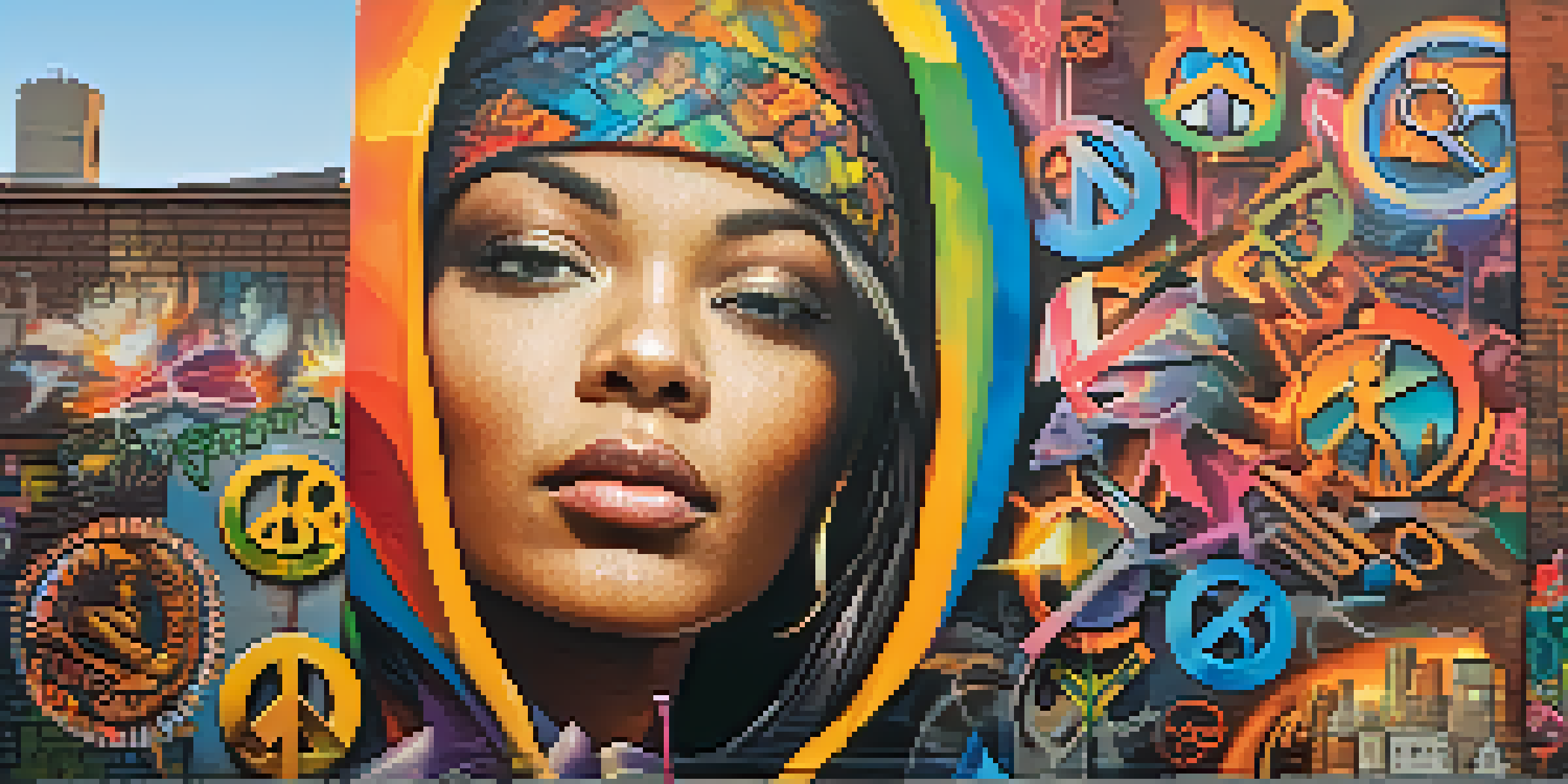 A colorful street mural of a powerful woman holding a paintbrush, surrounded by symbols of social justice, set against an urban landscape.