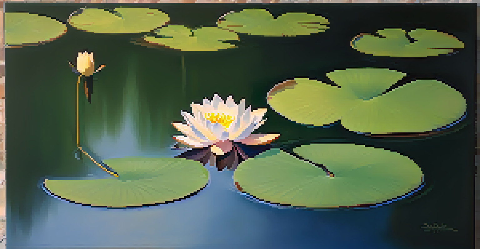 A lotus flower on a calm pond with sunlight filtering through leaves, representing purity and enlightenment.