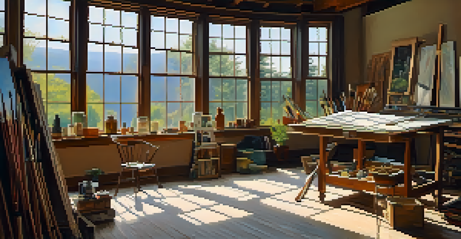 An artist's studio with traditional painting tools and a landscape canvas, illuminated by natural light.