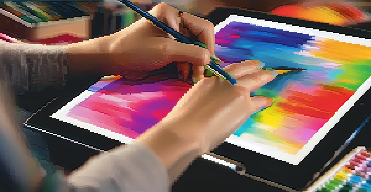 Close-up of a digital tablet with a colorful painting in progress and an artist's hand holding a stylus.