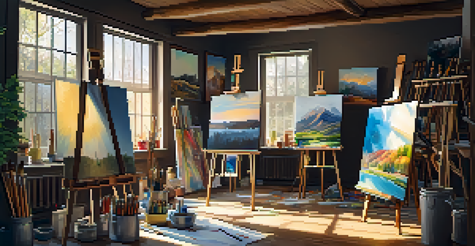 An inviting art studio brimming with easels, brushes, and colorful paint splatters, illuminated by sunlight from a large window.