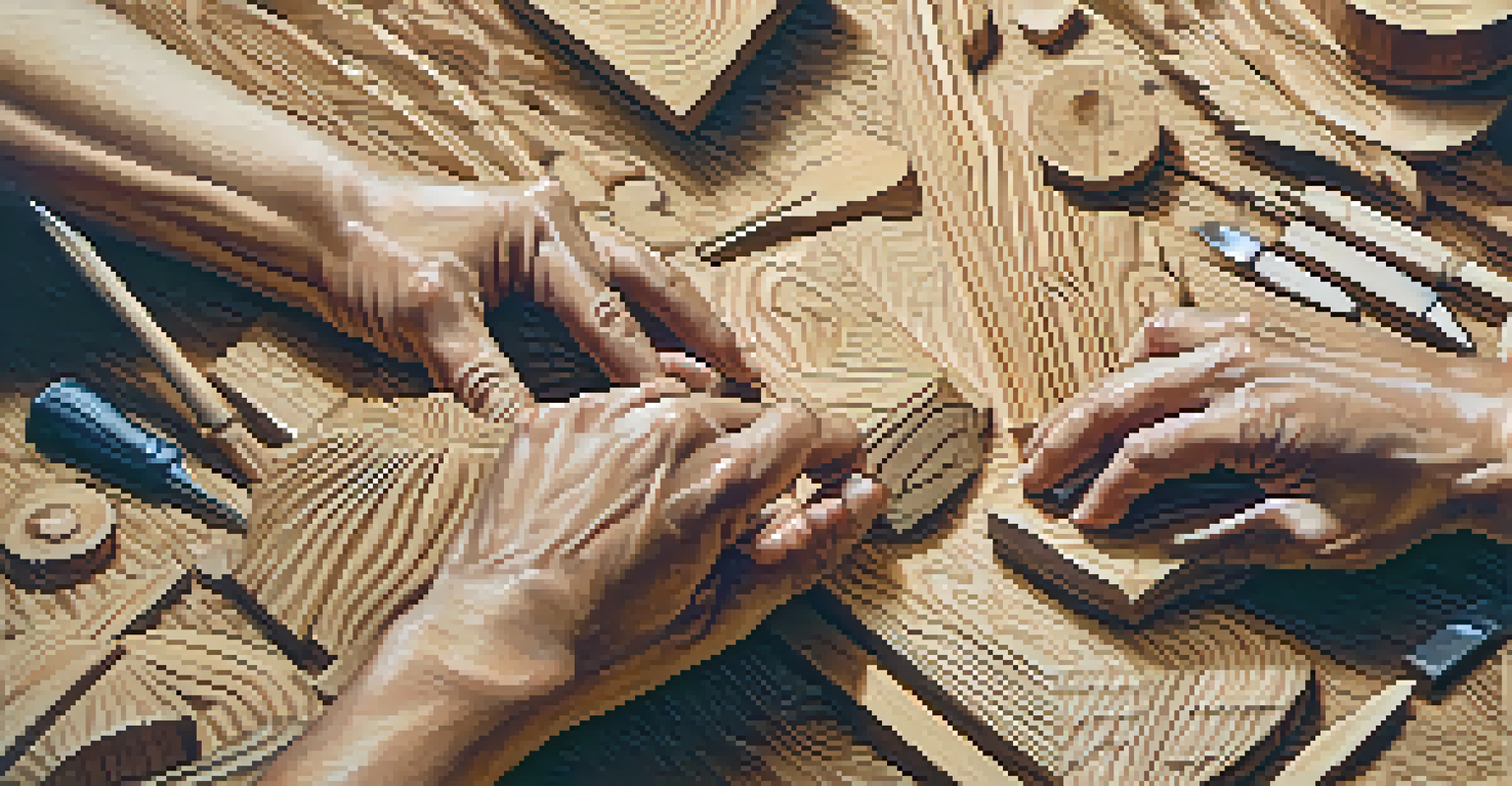 Close-up of hands carving wood for printmaking, showcasing intricate details and wood texture with scattered shavings.