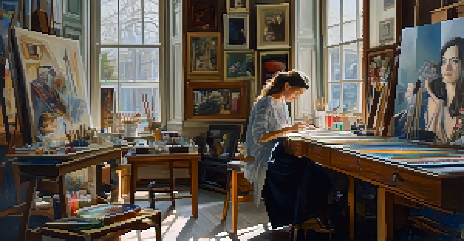 A woman artist in her studio, painting with a brush, surrounded by her surrealist artworks and bathed in natural light.