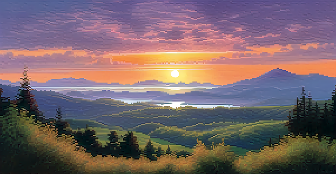 A peaceful sunset landscape with an orange to purple sky, lush green foreground, and distant blue mountains.