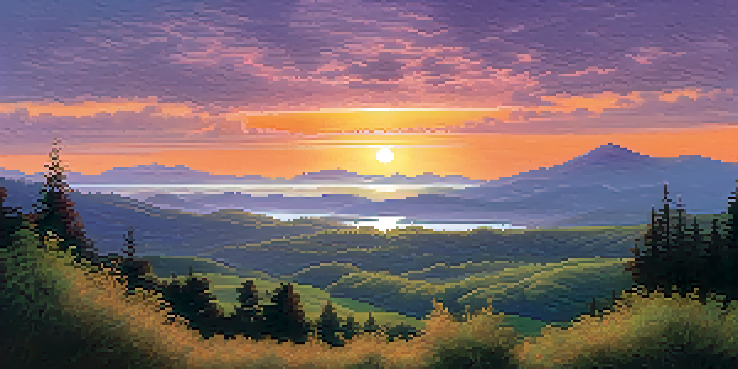 A peaceful sunset landscape with an orange to purple sky, lush green foreground, and distant blue mountains.
