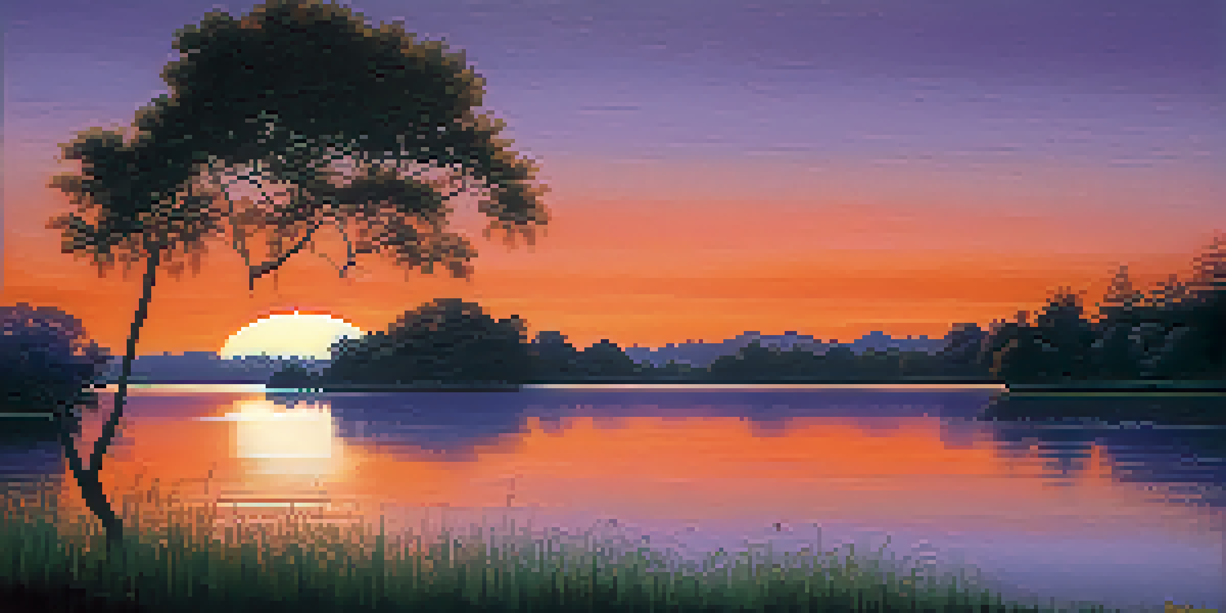 A peaceful sunset landscape with a gradient sky and reflections on a calm lake, surrounded by greenery.