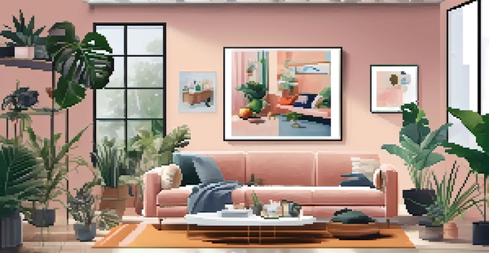An influencer recording an artist's work in a stylish room filled with art.