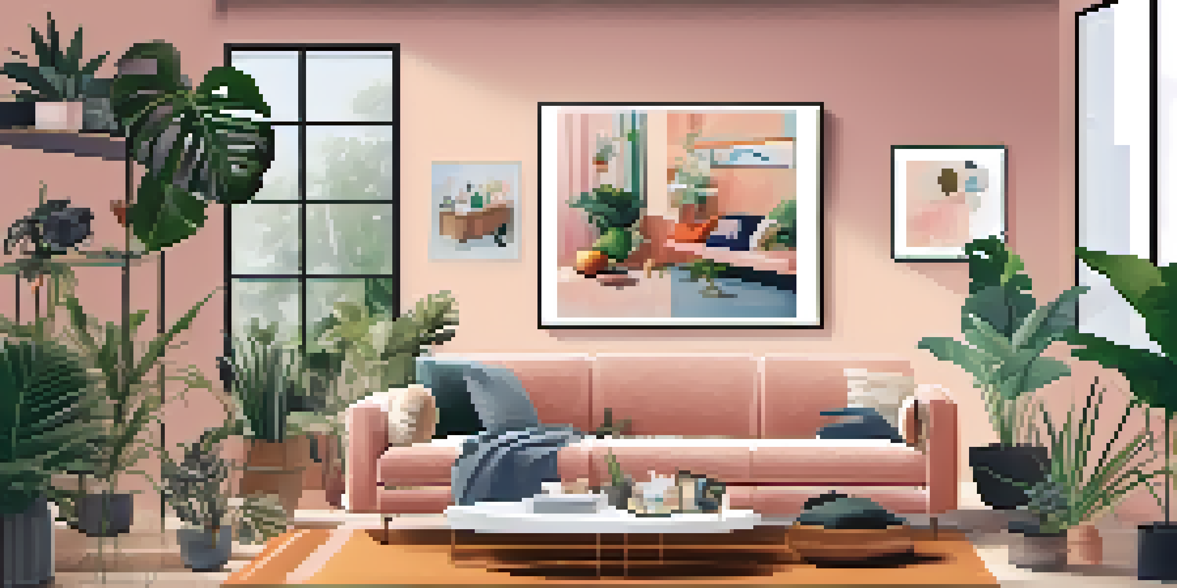 An influencer recording an artist's work in a stylish room filled with art.