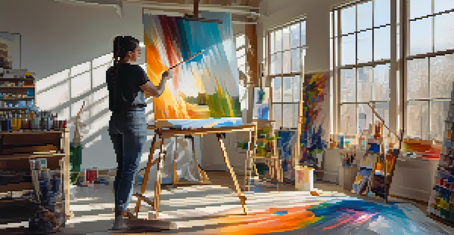 An artist painting in a sunlit studio, surrounded by art supplies and a large canvas depicting themes of freedom and resistance.