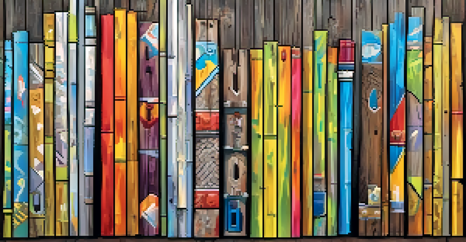 A close-up view of a colorful street art installation made from recycled materials, set against a rustic wooden fence.