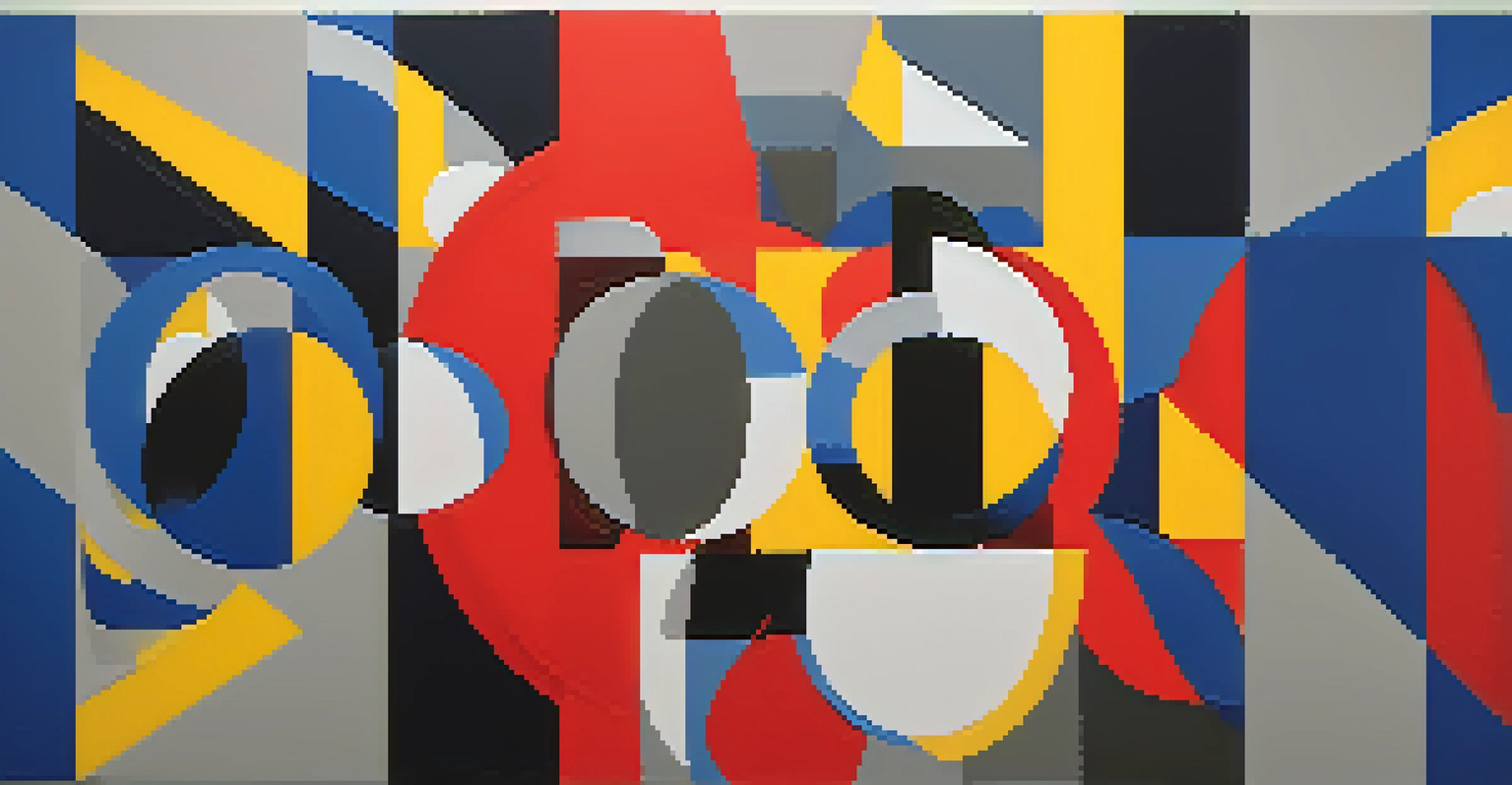 An abstract artwork with overlapping geometric shapes in blue, yellow, and red against a gradient background.