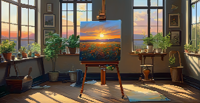 A bright artist's studio with a wooden easel, an unfinished sunset painting, and colorful paint palette, illuminated by sunlight.