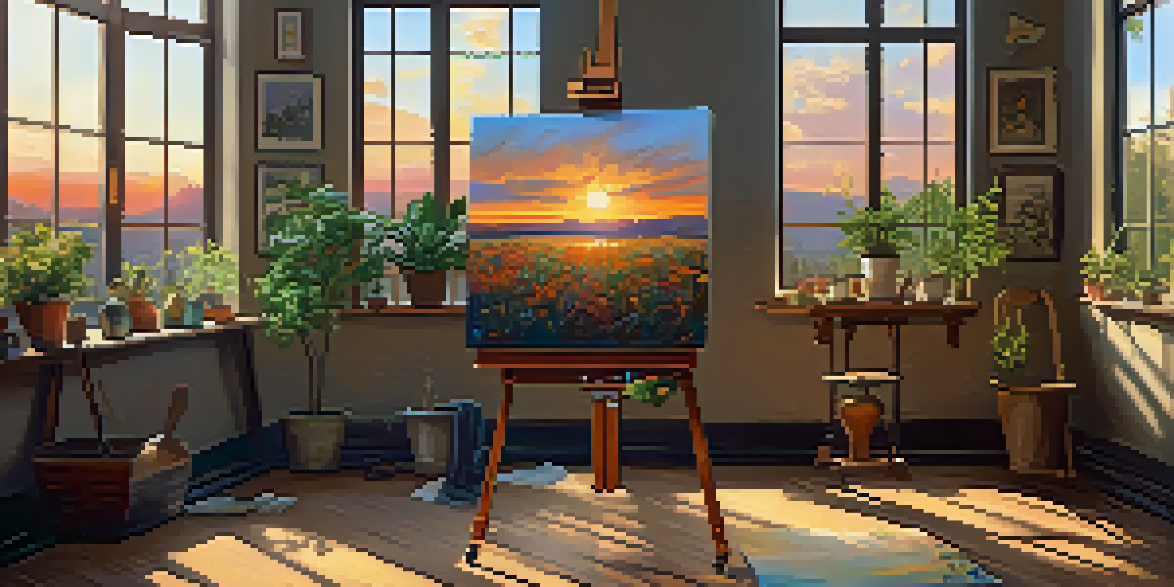 A bright artist's studio with a wooden easel, an unfinished sunset painting, and colorful paint palette, illuminated by sunlight.