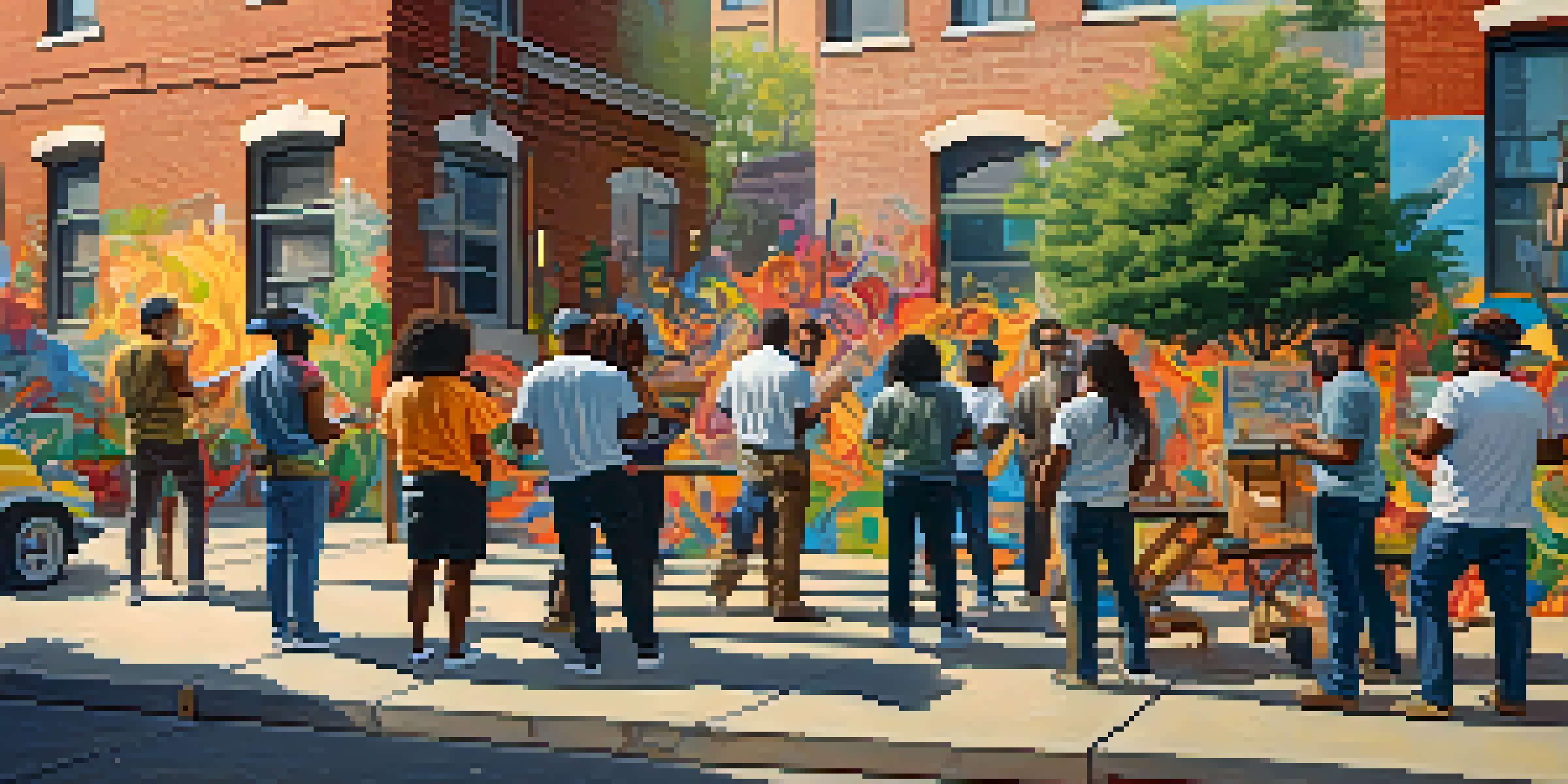 A group of diverse artists working together on a mural in an urban setting, with colorful paint and tools around them, under warm sunlight.