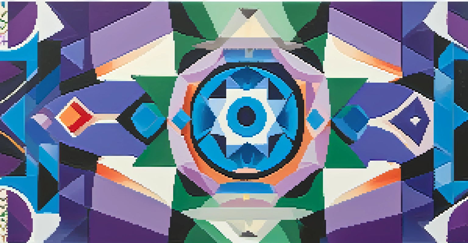 A contemporary Indigenous art piece with geometric shapes and vibrant colors against a gradient background.