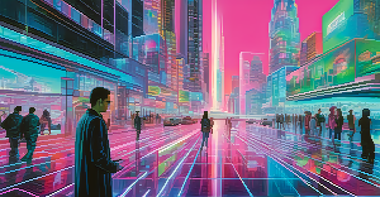A futuristic cityscape with holograms and neon lights, illustrating technology and identity.