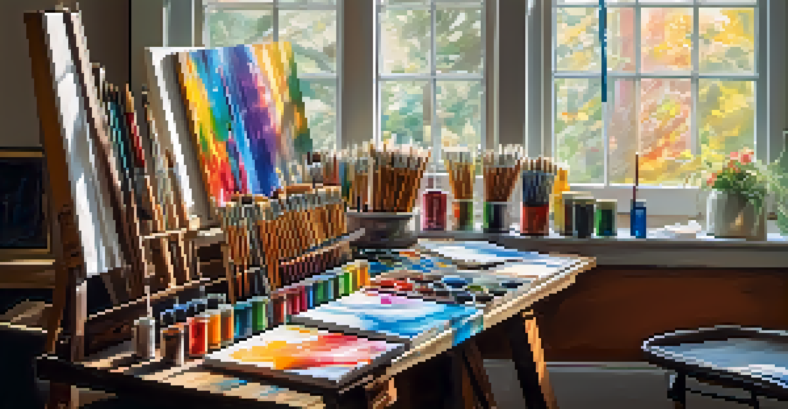 An artist's studio with colorful paint tubes and brushes, a blank canvas on an easel, and bright sunlight streaming through a window.