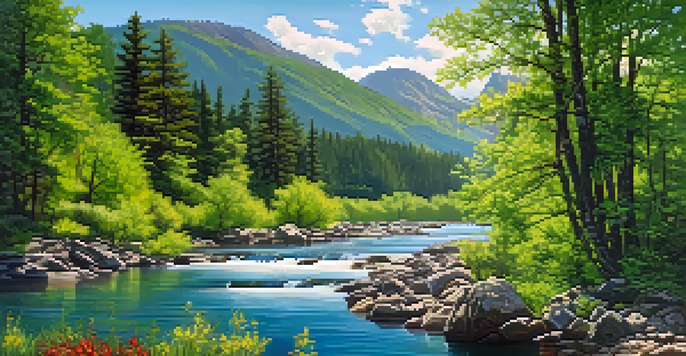 A peaceful river scene surrounded by a green forest and blooming wildflowers, with mountains in the background under a clear blue sky.