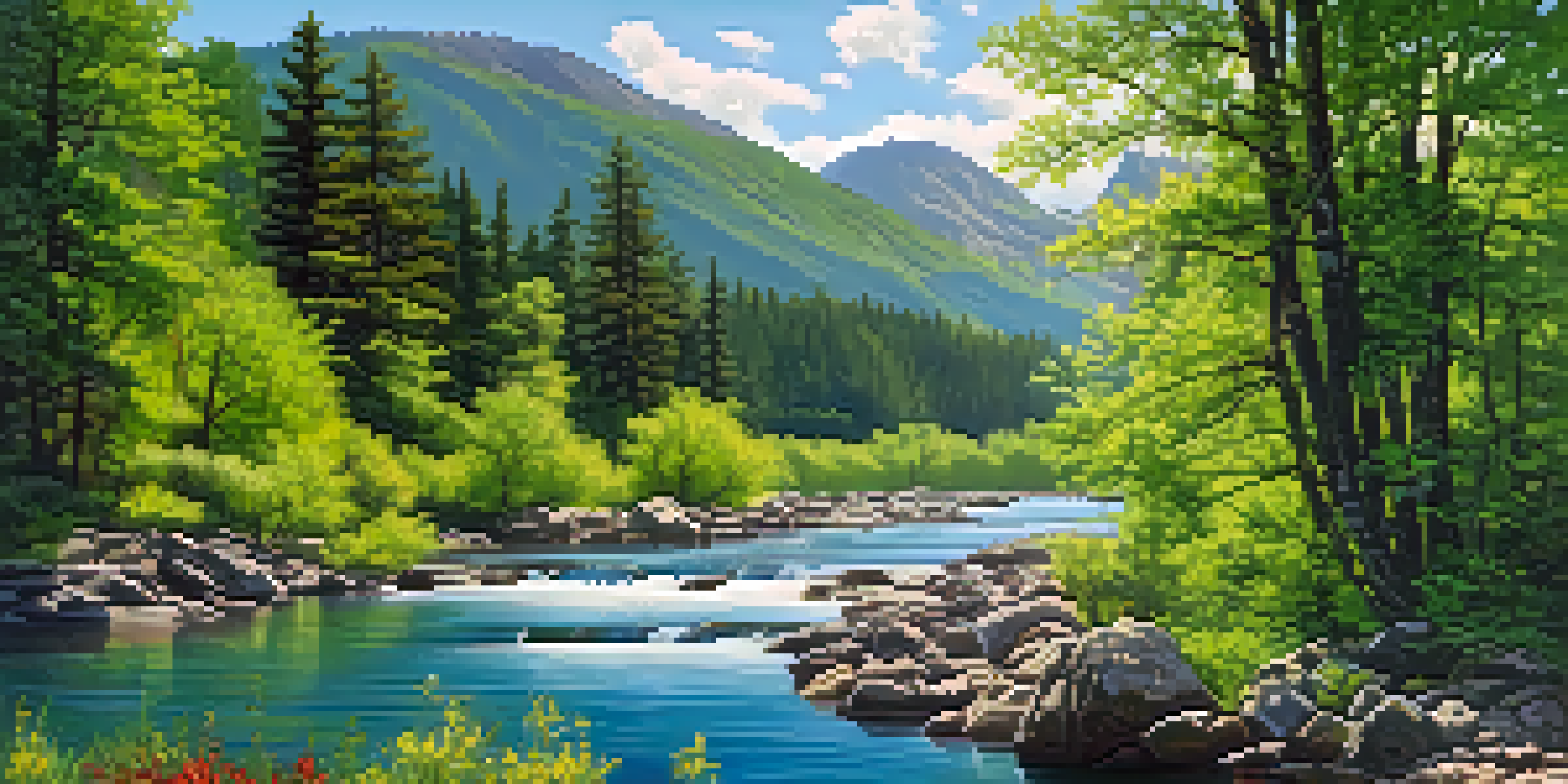 A peaceful river scene surrounded by a green forest and blooming wildflowers, with mountains in the background under a clear blue sky.