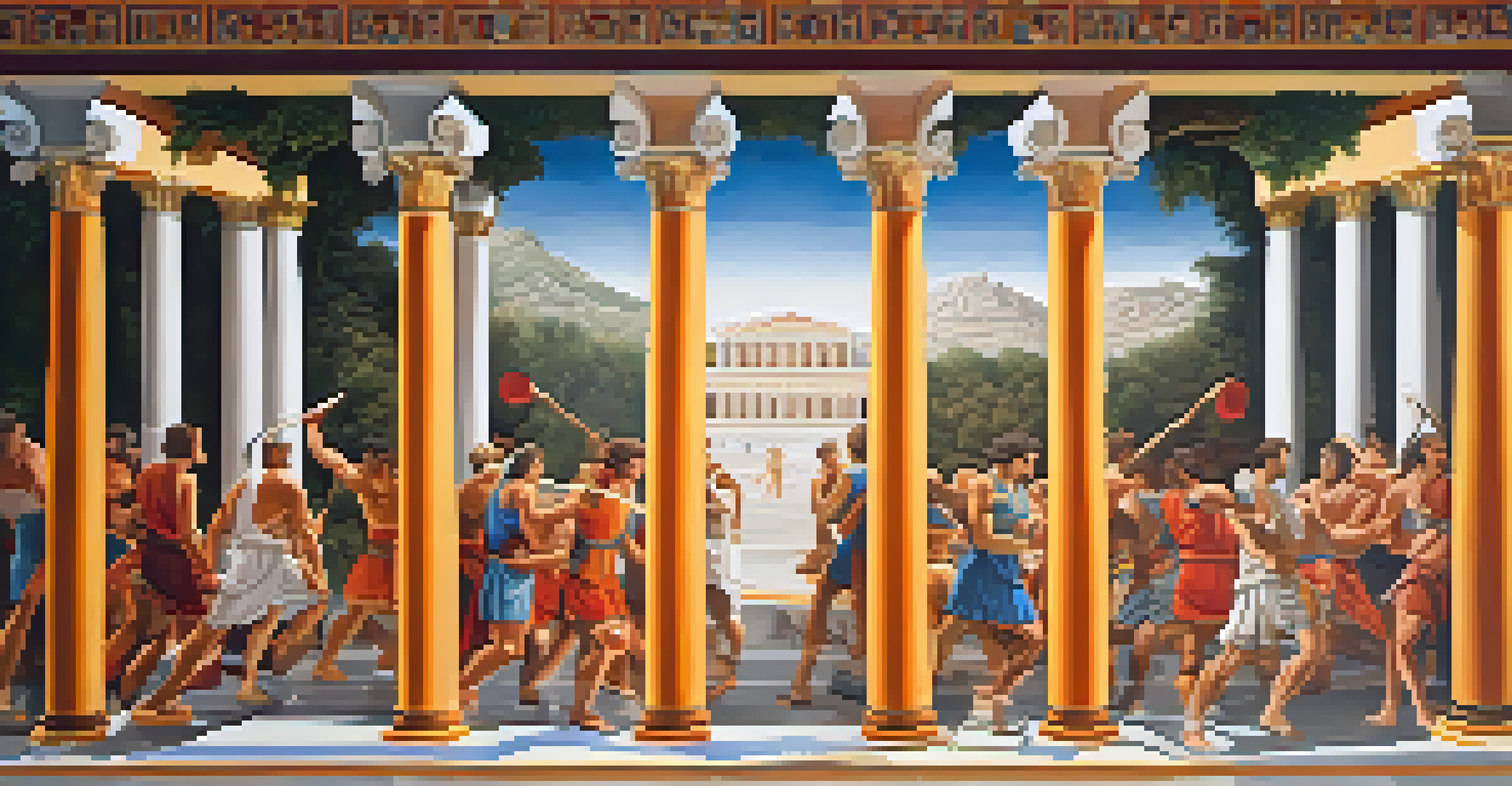 A vibrant mural depicting ancient Greek athletic competitions and mythology, created using fresco technique, set in a public space.