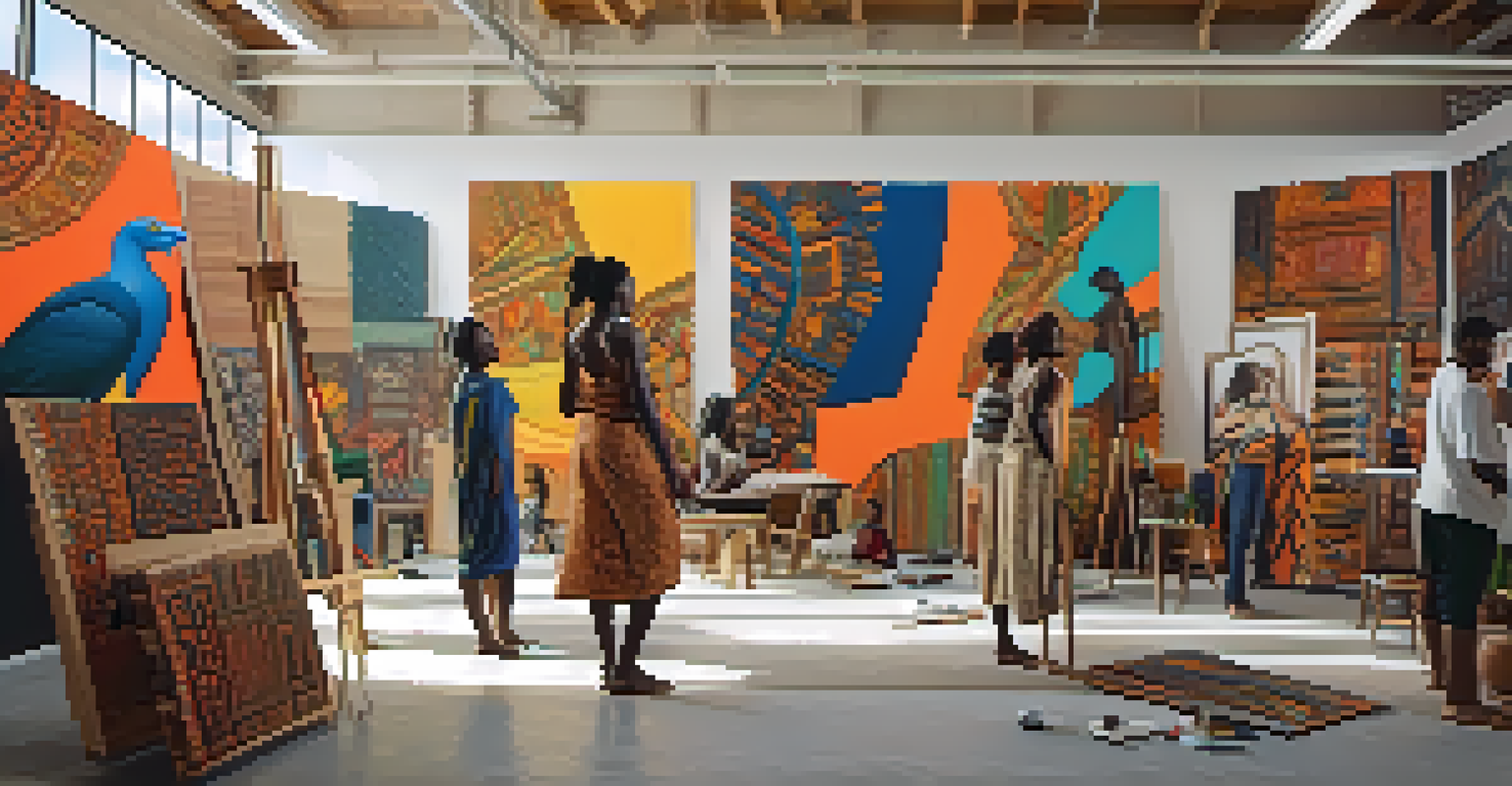 Contemporary artists in a modern studio working on canvases that display African tribal patterns, illuminated by natural light.