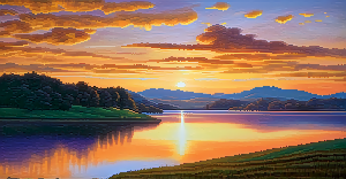A landscape scene with a sunset over hills, warm colors in the foreground and cooler tones in the background, with a calm lake reflecting the sky.