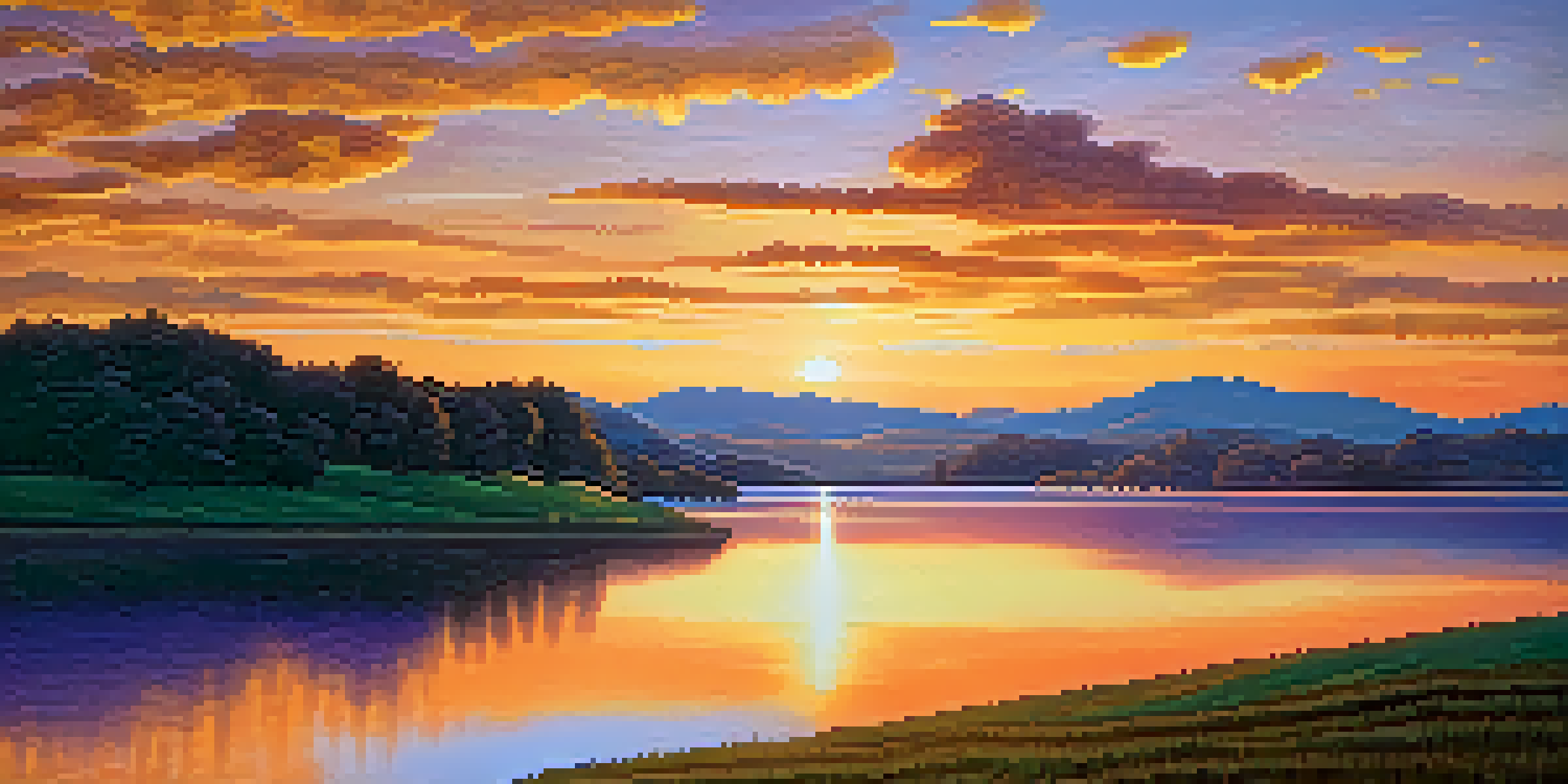 A landscape scene with a sunset over hills, warm colors in the foreground and cooler tones in the background, with a calm lake reflecting the sky.
