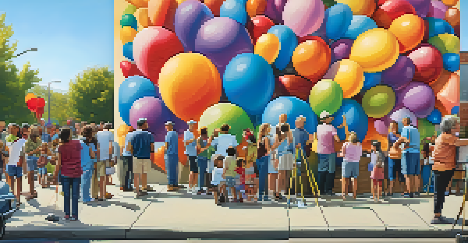A community gathering around a colorful street mural, with people admiring the art and a festive atmosphere.