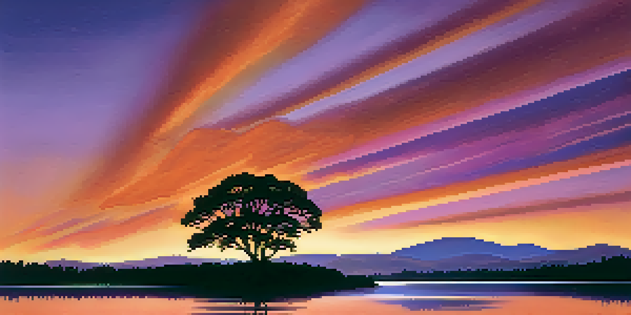 A tranquil landscape with rolling hills and a colorful sunset reflected in a calm lake, featuring a silhouette of a tree on the left.