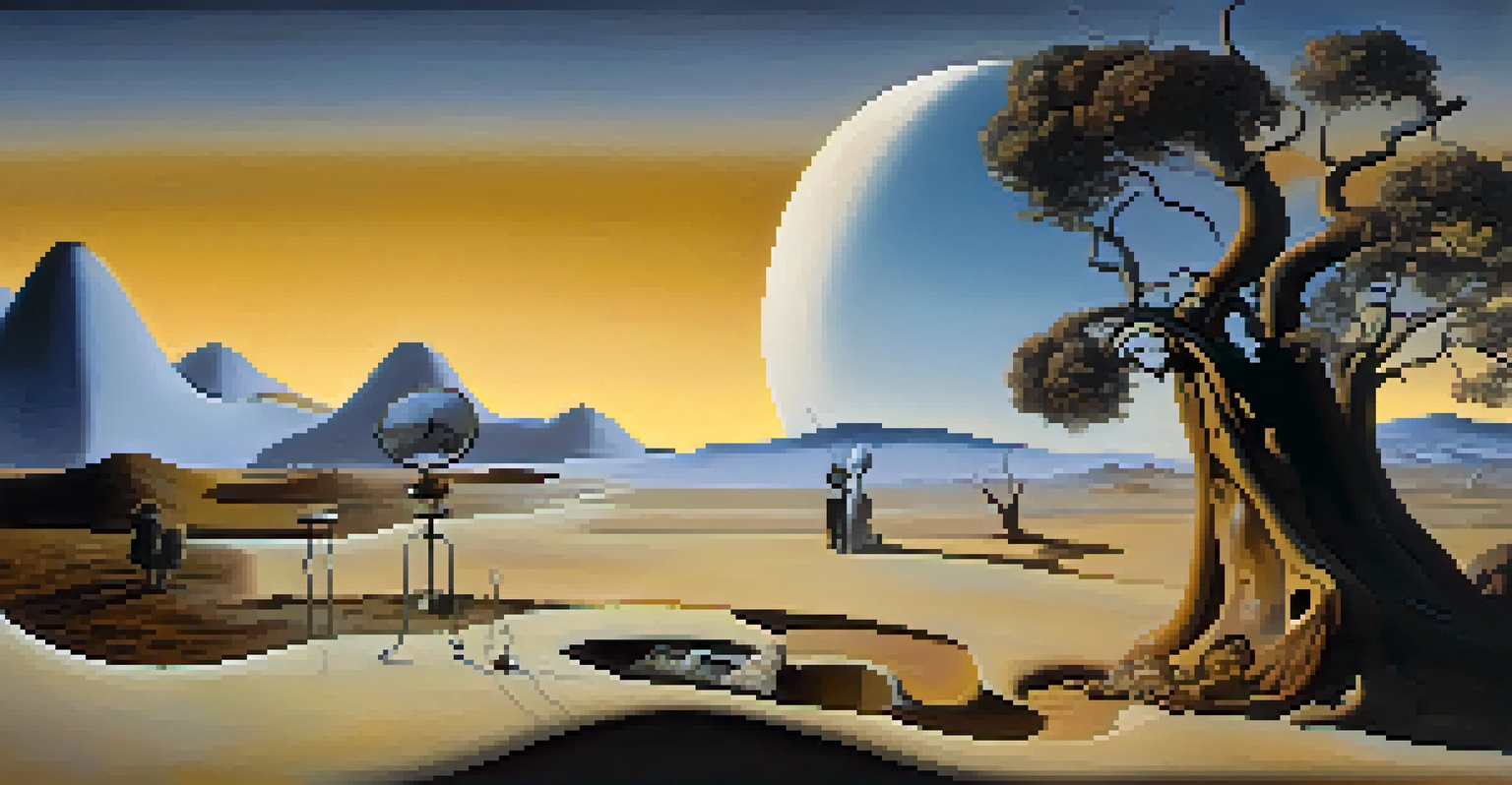 An artistic interpretation of melting clocks in a barren landscape at twilight, featuring a twisted tree and surreal shapes in the background.