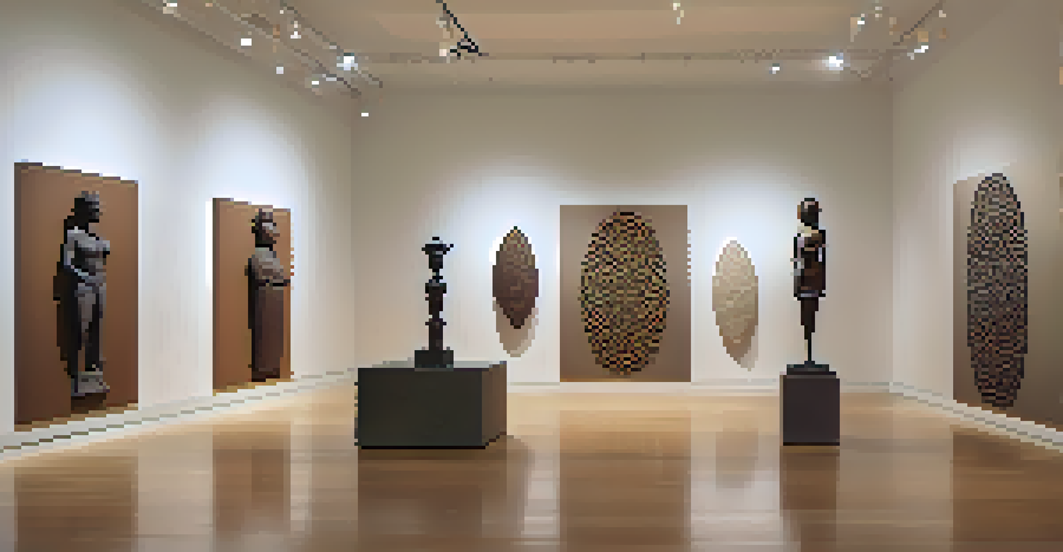 A conceptual art installation in a gallery, featuring sculptures that represent cultural heritage and intersectionality.