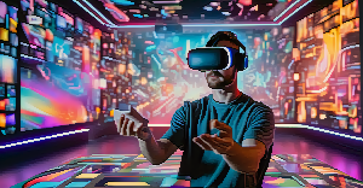 A digital artist in VR creating 3D art with colorful holographic shapes in a modern studio setting.