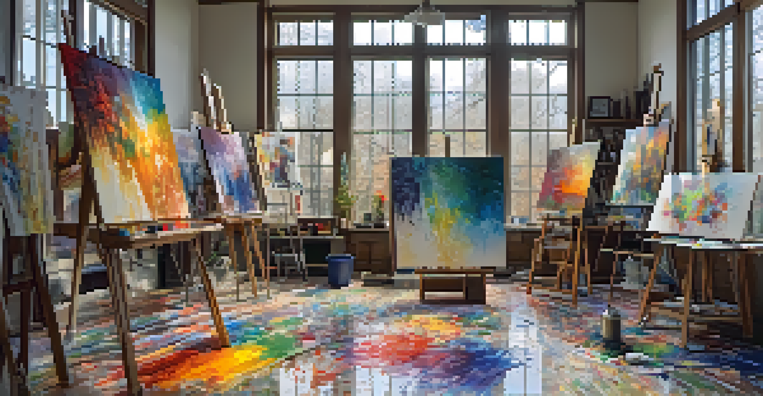 An artist's studio showcasing original art pieces in progress, with colorful paint splatters and natural light streaming in.