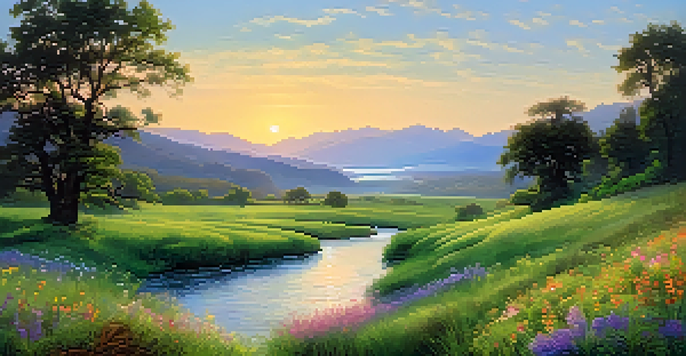 A peaceful landscape showing a green valley with wildflowers and a river at sunrise.