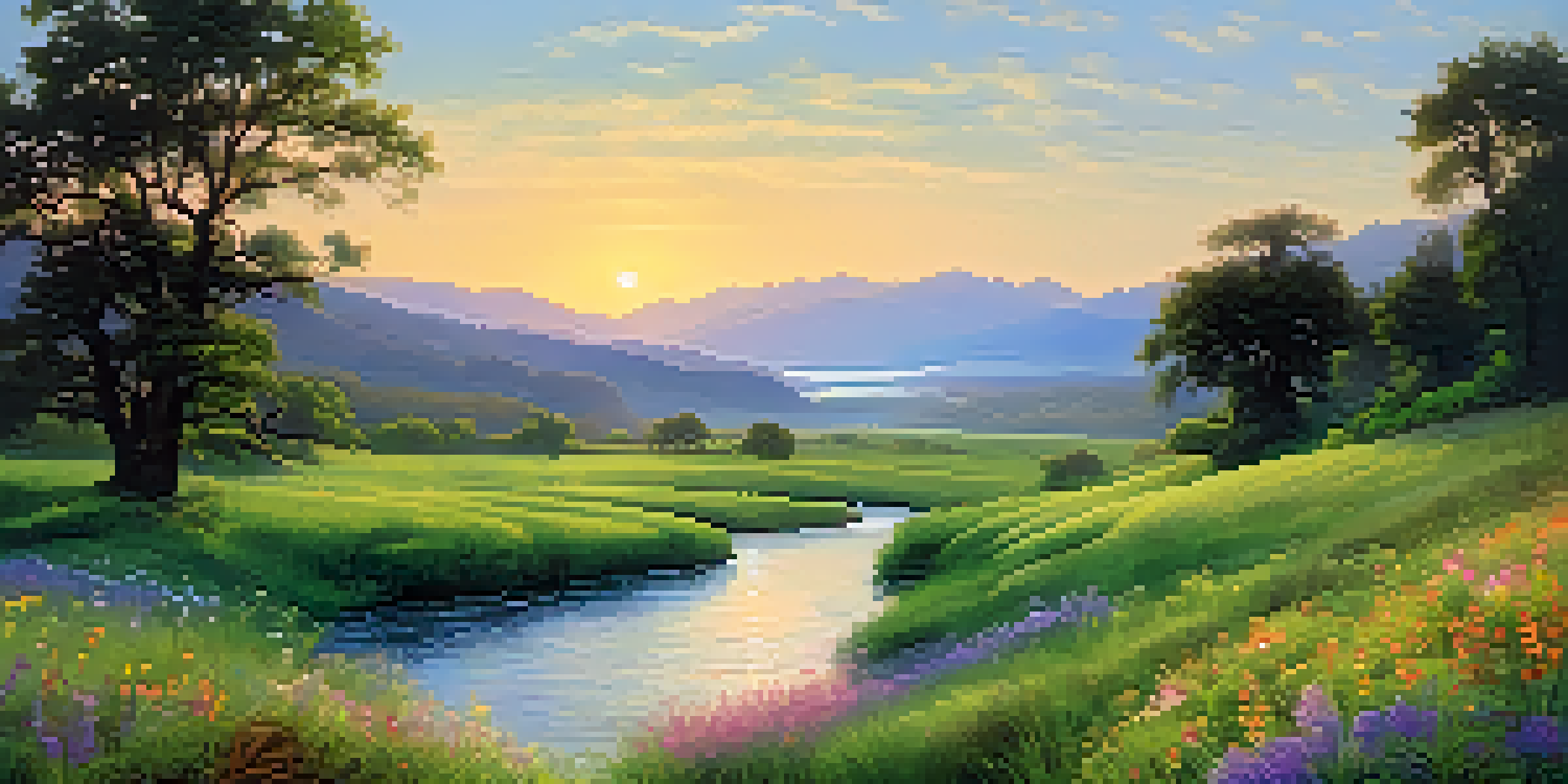 A peaceful landscape showing a green valley with wildflowers and a river at sunrise.