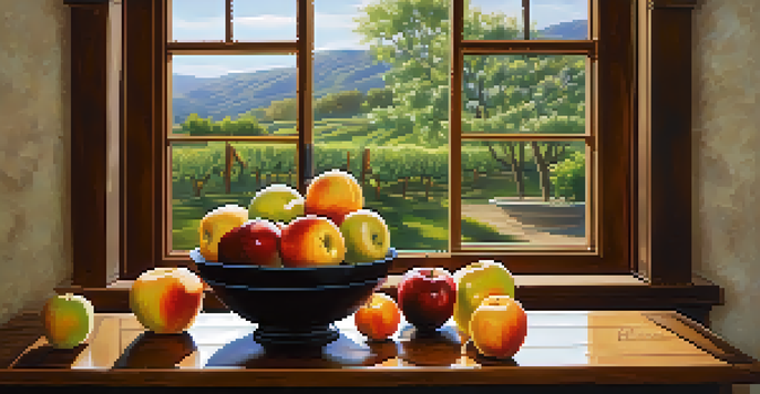 A tranquil scene with a fruit bowl on a wooden table, filled with vibrant apples, oranges, and grapes, illuminated by soft natural light.