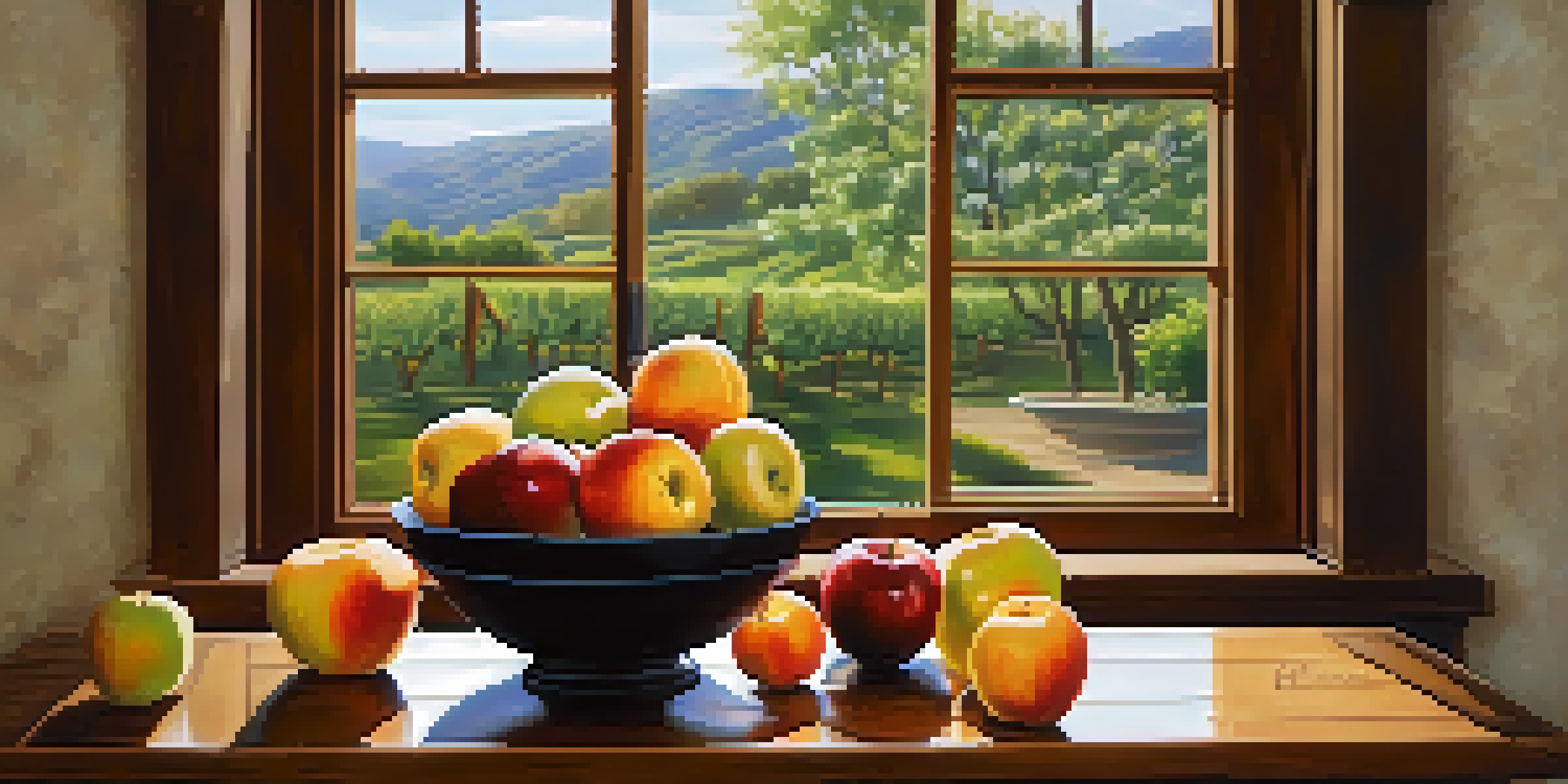 A tranquil scene with a fruit bowl on a wooden table, filled with vibrant apples, oranges, and grapes, illuminated by soft natural light.