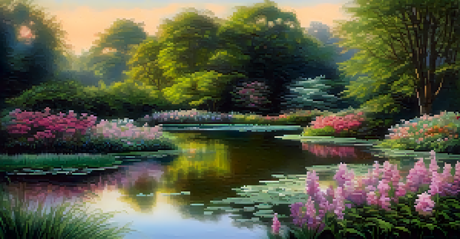 A serene garden at sunrise with blooming flowers and a small pond reflecting the colorful sky.