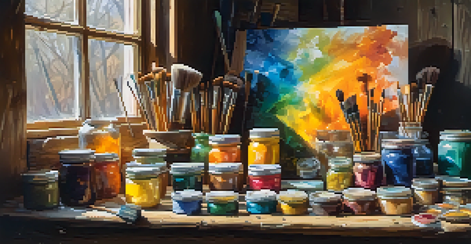 An artist's workspace with encaustic paints, melted beeswax, and brushes on a wooden table, illuminated by natural light.