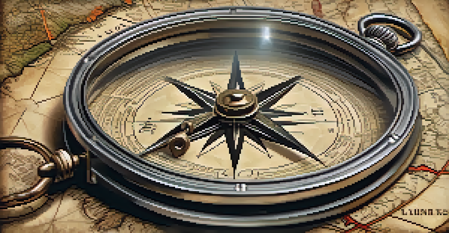 A close-up of a vintage compass on an old map, showcasing detailed engravings and a warm light illuminating the textures.