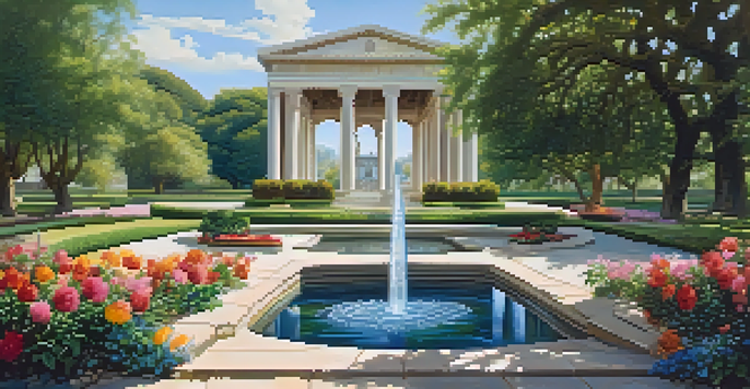 A peaceful garden scene with colorful flowers and fruit trees under sunlight, featuring a fountain and a stream, with classical buildings in the background.