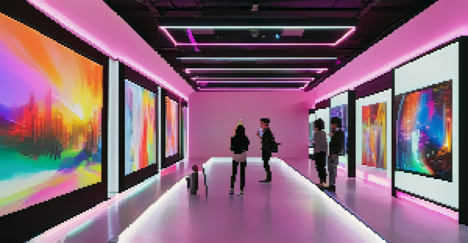 A modern digital art gallery showcasing vibrant NFT artworks on large screens with visitors interacting with tablets in a sleek environment.